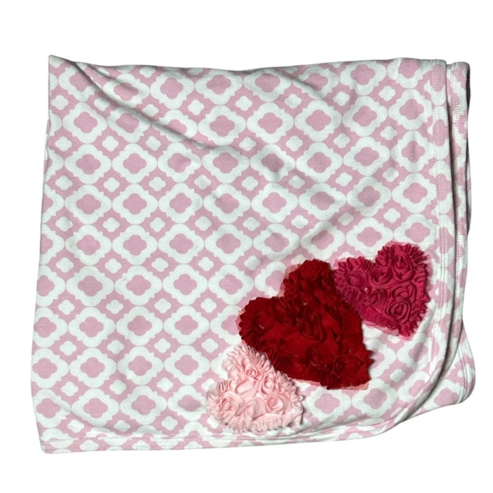 Haute Baby Girls Pink‎ White 100% Cotton Recieving Blanket Lovey 3D Hearts 27x24